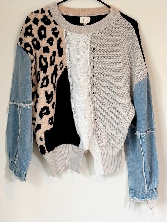 BiBi Sweaters - BIBI Mixed-Panel Leopard Patchwork Sweater - Size: Small
